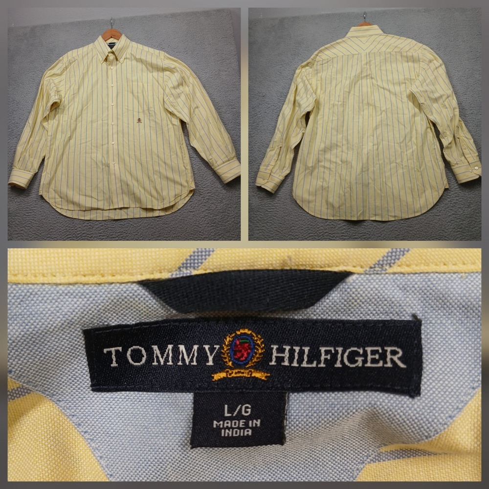 Tommy Hilfiger Button-Up Shirt Men's Large Yellow Blue Stripe Oxford Cotton